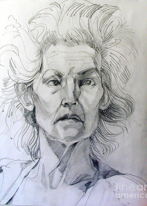 Drawing Greeting Card featuring the drawing Graphite Portrait Sketch of a well known cross eyed model by Greta Corens