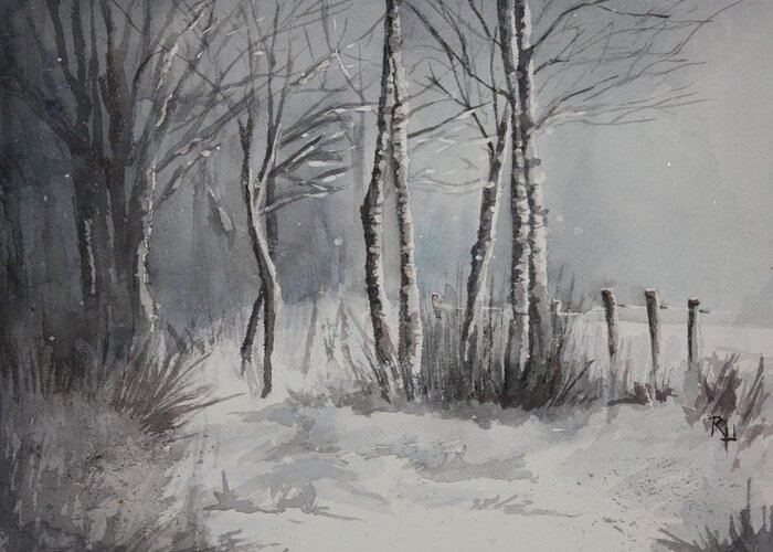 Snowy Forest Greeting Card featuring the painting Gray Forest by Rachel Bochnia