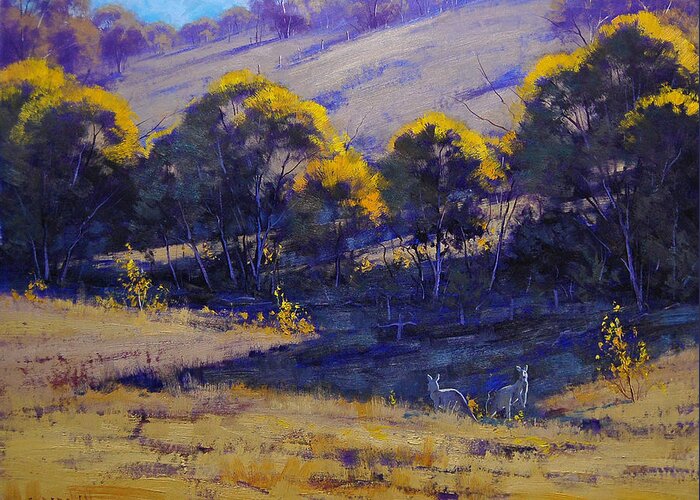 Rural Greeting Card featuring the painting Grazing Kangaroos by Graham Gercken