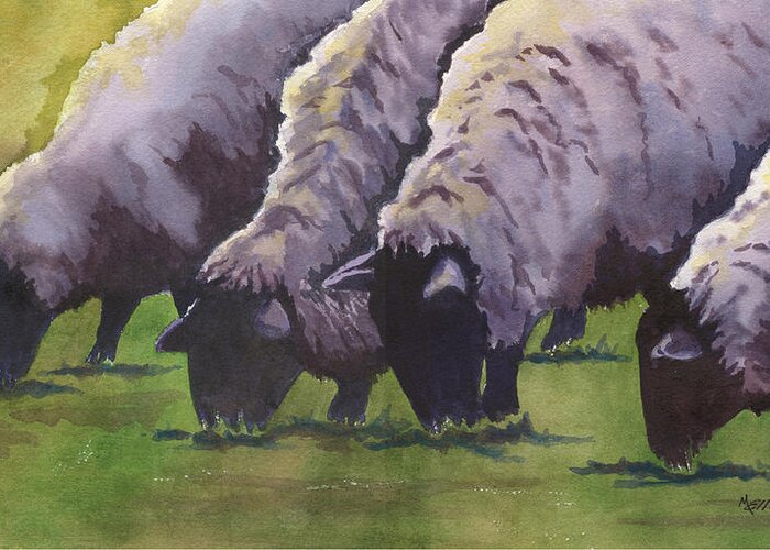 Sheep Greeting Card featuring the painting Grazing by Marsha Elliott
