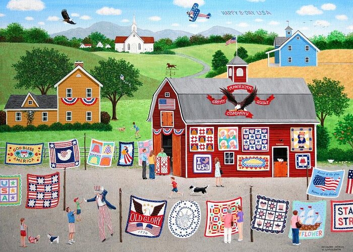 Quilt Greeting Card featuring the painting Great American Quilt Factory by Wilfrido Limvalencia