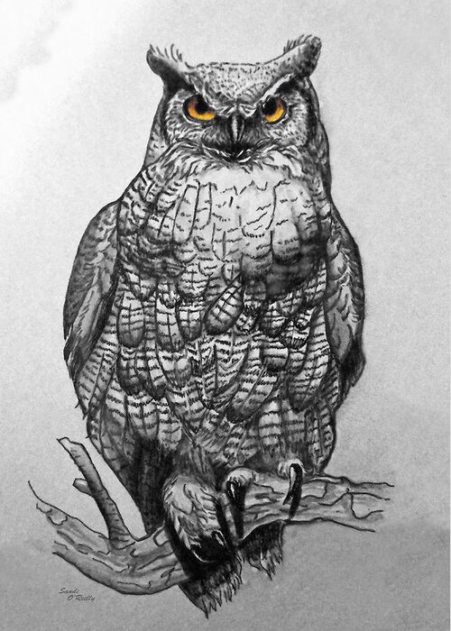 Great Horned Owl Greeting Card featuring the painting Great Horned Owl Black And White by Sandi OReilly