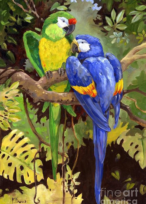 Tropical Greeting Card featuring the painting Green and Blue Tropical Macaw by Paul Brent