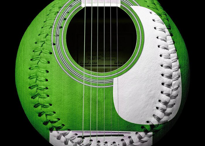 Baseball Greeting Card featuring the digital art Green Guitar Baseball White Laces Square by Andee Design