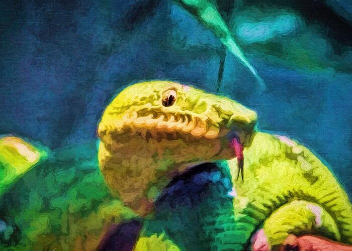 Snake Greeting Card featuring the painting Green Tree Snake With Tongue by Tracie Schiebel