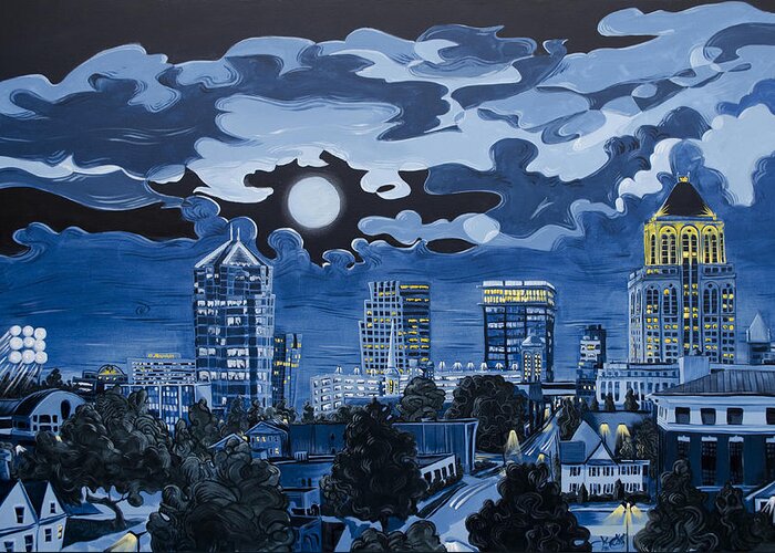 Landscape Greeting Card featuring the painting Greensboro Night Skyline by John Gibbs