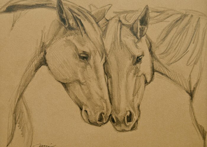 Horses Greeting Card featuring the drawing Greetings Friend by Jani Freimann