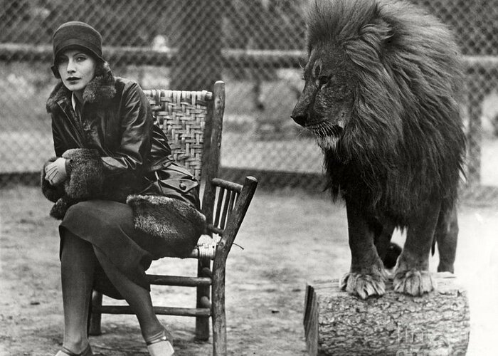 Lion Greeting Card featuring the photograph Greta Garbo and Leo the Lion in 1926 by Sad Hill - Bizarre Los Angeles Archive