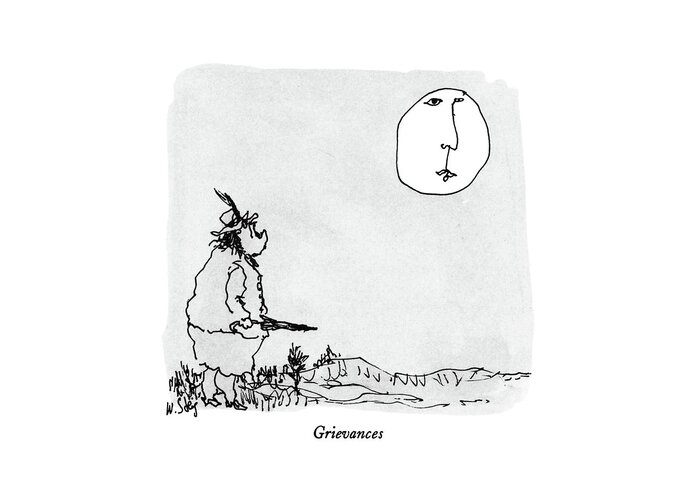 Grievances
No Caption
Grievances.title.woman With Umbrella In Hand Stares Up At The Moon.the Moon Has A Face And She Looks At It Strangely Greeting Card featuring the drawing Grievances by William Steig