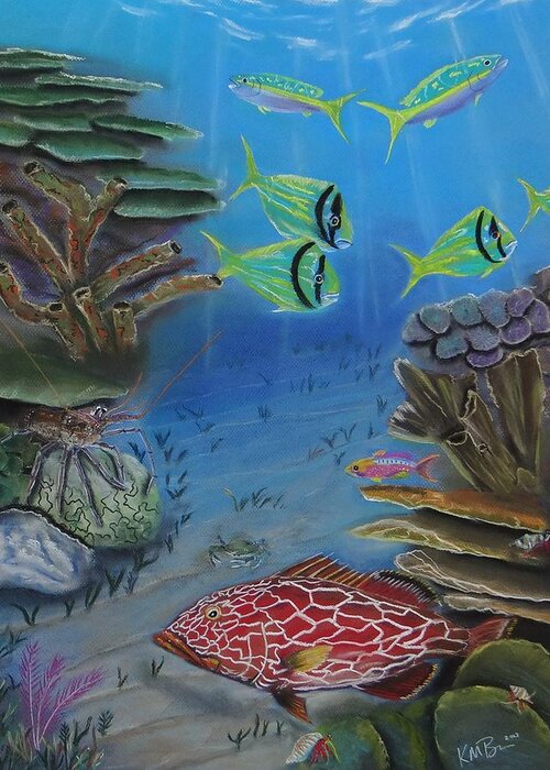  Grouper Paintings Greeting Card featuring the painting Grouper on the reef by Kevin Brown