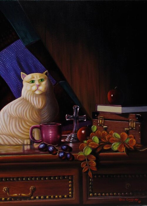 Still Life With Cat Greeting Card featuring the painting Grumpy Cat by Gene Gregory