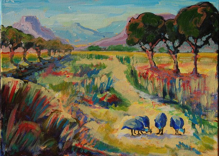 Guinea Fowl In Extensive Landscape With Mountains And Trees Greeting Card featuring the painting Guinea Fowl in Extensive Landscape by Thomas Bertram POOLE