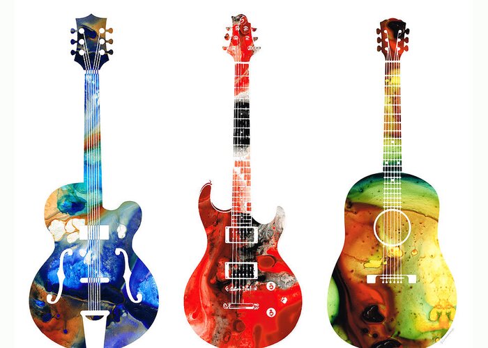 Guitar Greeting Card featuring the painting Guitar Threesome - Colorful Guitars By Sharon Cummings by Sharon Cummings