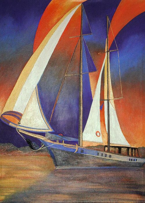 Blue Greeting Card featuring the painting Gulet Under Sail by Taiche Acrylic Art