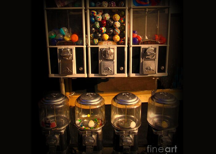 Retro Greeting Card featuring the photograph Gumball Memories - Row of Antique Vintage Vending Machines - Iconic New York City by Miriam Danar