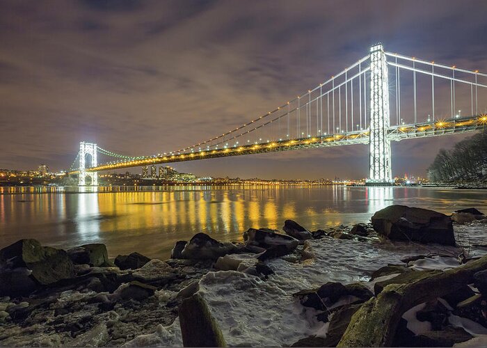 Suspension Bridge Greeting Card featuring the photograph Gw Bridge Lit Towers by Michael Orso