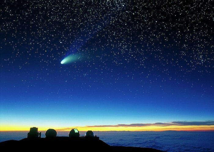 Astronomy Greeting Card featuring the photograph Hale-bopp Comet And Telescope Domes by David Nunuk
