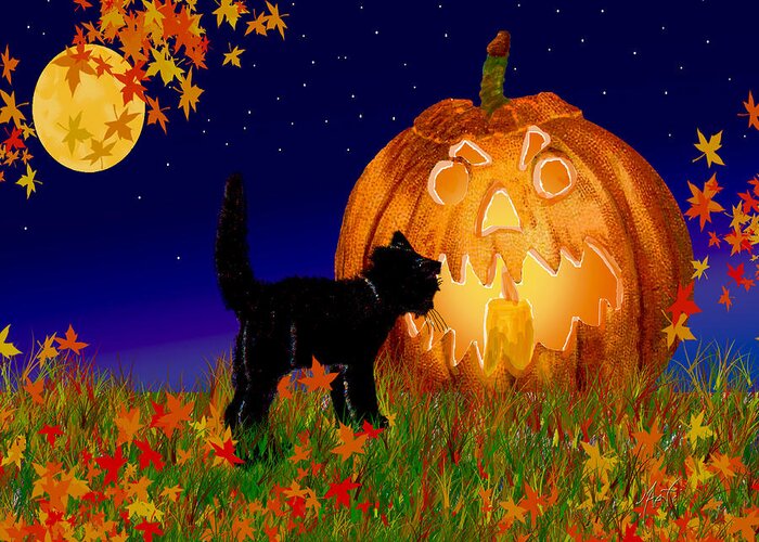 Halloween Greeting Card featuring the painting Halloween Black Cat Meets The Giant Pumpkin by Michele Avanti