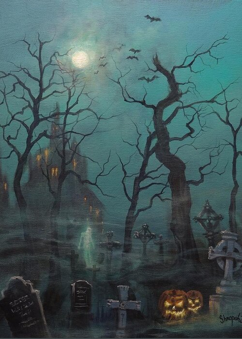  Cemetery Greeting Card featuring the painting Halloween Ghost by Tom Shropshire