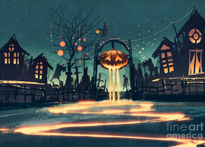 Color Greeting Card featuring the digital art Halloween Night With Pumpkin by Tithi Luadthong