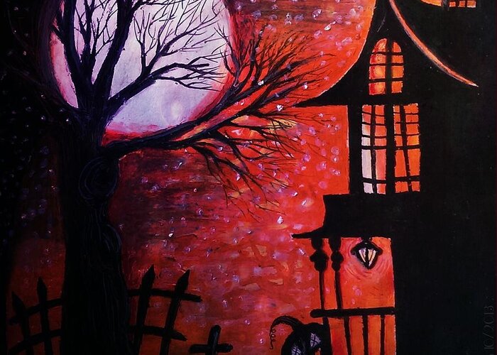 Oil Pastel Drawing Prints Greeting Card featuring the pastel Halloween Retreat by Denisse Del Mar Guevara
