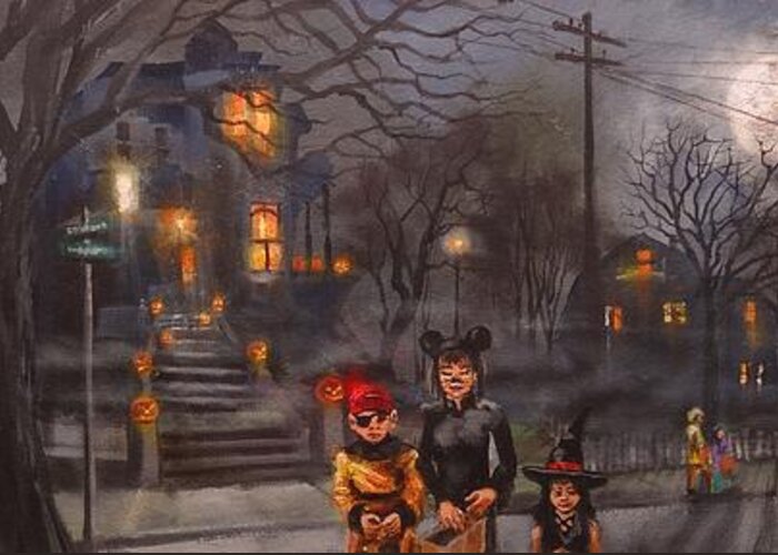 Full Moon Greeting Card featuring the painting Halloween Trick or Treat by Tom Shropshire