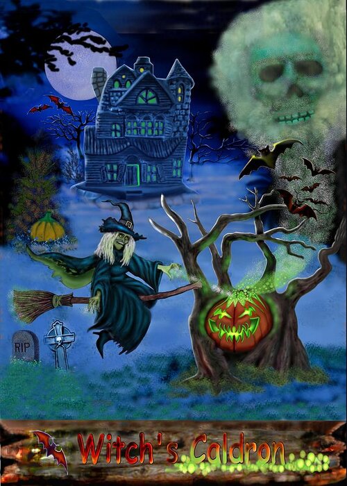 Witch Greeting Card featuring the digital art Halloween Witch's Coldron by Glenn Holbrook