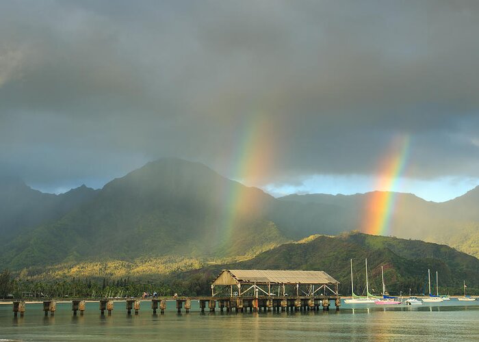 Hawaii Greeting Card featuring the photograph Hanalei Bay Double Rainbow Sunrise by Stephen Kennedy