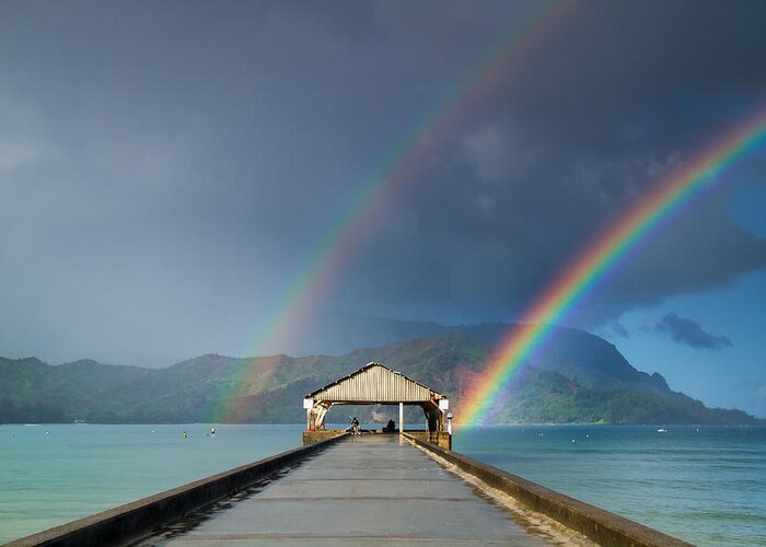 Rainbows Greeting Card featuring the photograph Hanalei Pier and Double Rainbow by Roger Mullenhour
