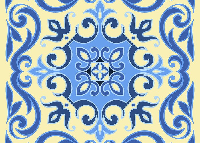 Ceramic Greeting Card featuring the digital art Hand Drawing Tile Pattern In Blue by Zinaida Zaiko