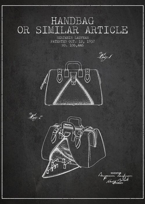 Purse Greeting Card featuring the digital art Handbag or similar article patent from 1937 - Charcoal by Aged Pixel