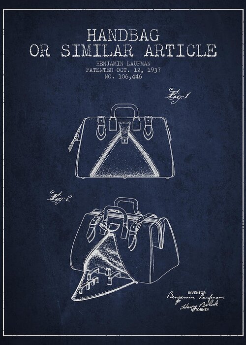 Purse Greeting Card featuring the digital art Handbag or similar article patent from 1937 - Navy Blue by Aged Pixel