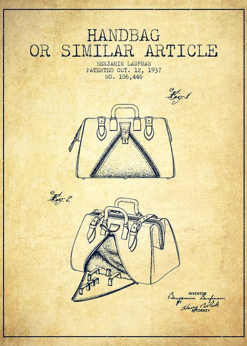 Purse Greeting Card featuring the digital art Handbag or similar article patent from 1937 - Vintage by Aged Pixel