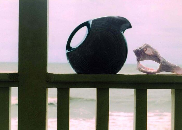 Still Life Of Pitcher And Conch Shell Against The Sea. Contemporary Beach Imagery. Greeting Card featuring the photograph Handles by Edward Shmunes