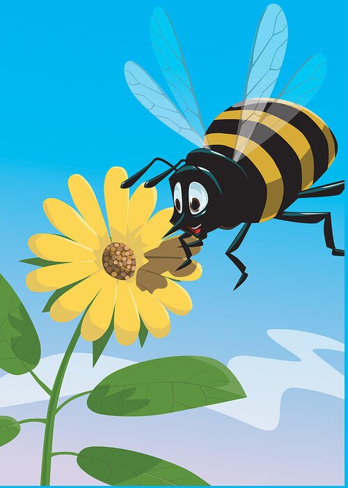 Bee Greeting Card featuring the digital art Happy cartoon bee with yellow flower by Martin Davey