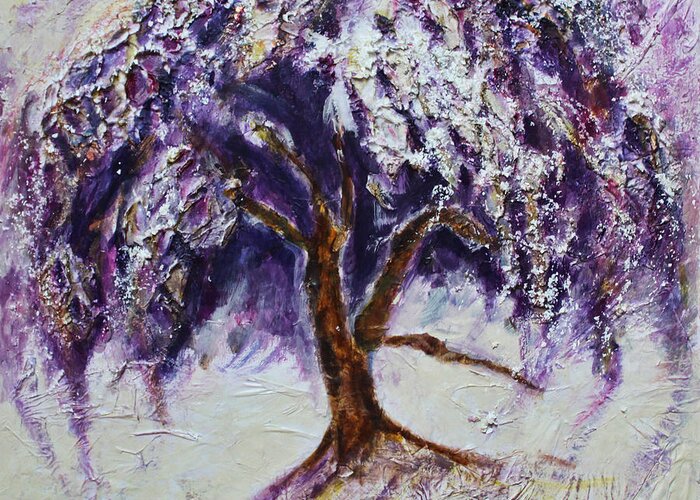 Mixed Media Greeting Card featuring the painting Happy Dance of the Weeping Tree by Christiane Kingsley