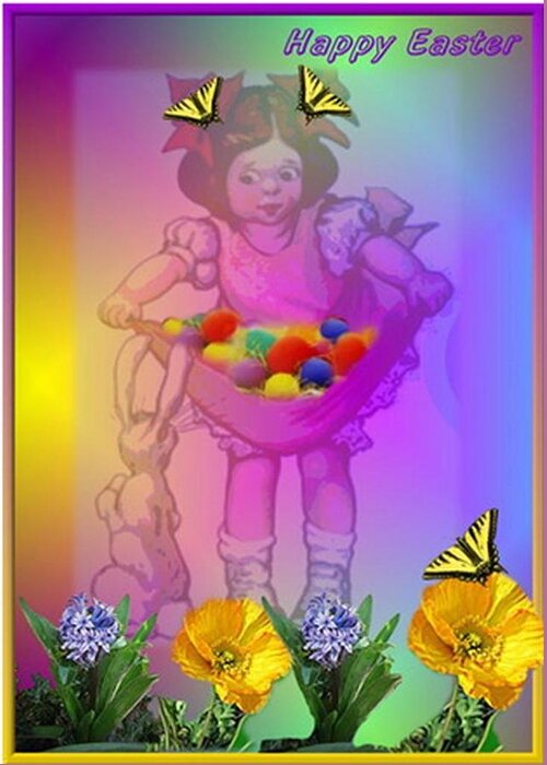Easter Greeting Card featuring the photograph Happy Easter Girl Eggs Bunny and flowers and butterflies by Joyce Dickens