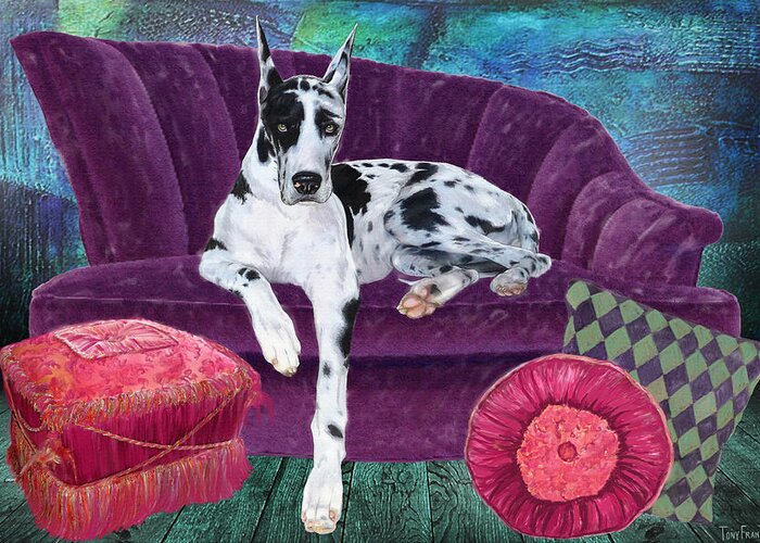 Dog Greeting Card featuring the painting Harlequin Haven by Tony Franza