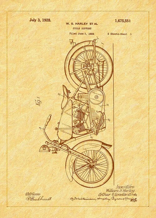 1928 Harley Cycle Support Patent Greeting Card featuring the photograph Harley's 1928 Cycle Support Patent by Barry Jones