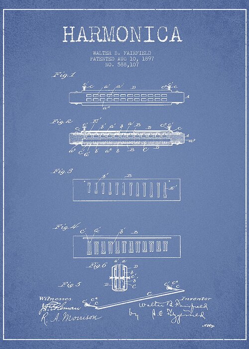 Harmonica Greeting Card featuring the digital art Harmonica Patent Drawing from 1897 - Light Blue by Aged Pixel