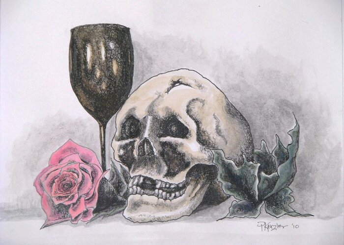 Skull Greeting Card featuring the mixed media Harold and the Rose by Patricia Kanzler