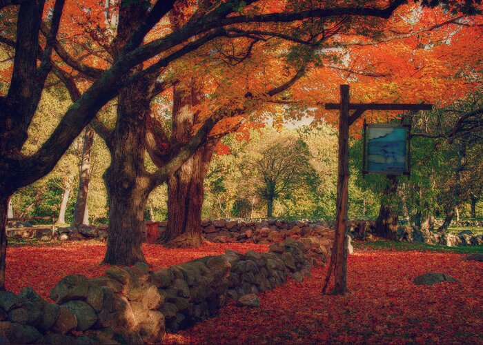 Hartwell Tavern Greeting Card featuring the photograph Hartwell tavern under orange fall foliage by Jeff Folger