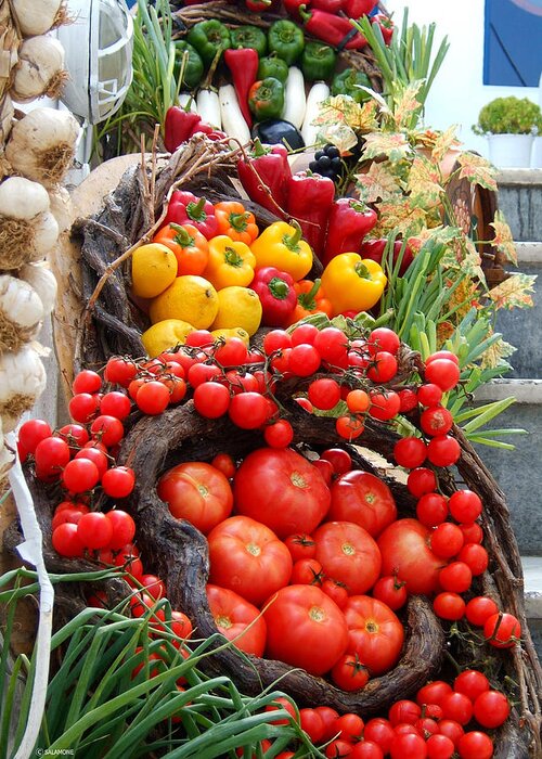 Tomatoes Peppers Onions Garlic Vegetables Fruits Harvest Red Yellow Greece Santorini Oia Farmers Market Greeting Card featuring the photograph Harvest Bounty by Brenda Salamone