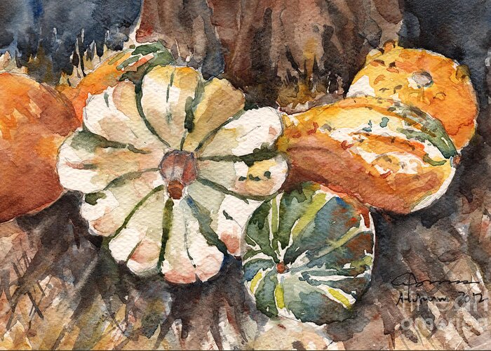 Gourds Greeting Card featuring the painting Harvest Gourds by Claudia Hafner