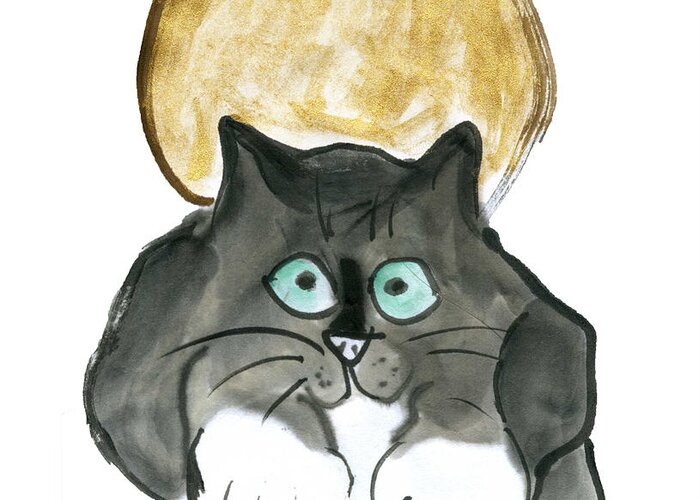 Sumi-e Greeting Card featuring the painting Harvest Moon and Tuxedo Cat by Ellen Miffitt