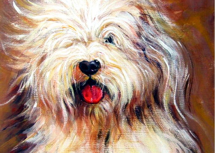 Sheepdog Greeting Card featuring the painting Harvey the Sheepdog by Rebecca Korpita
