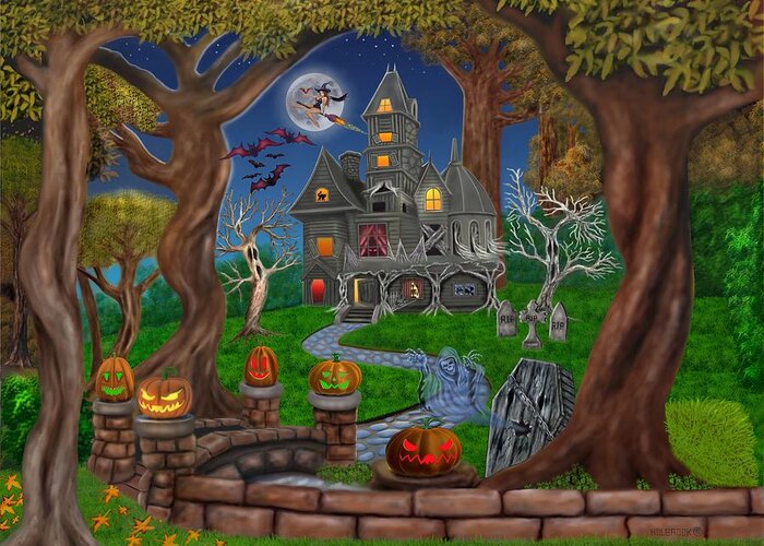 Pumpkins Greeting Card featuring the digital art Haunted Mansion by Glenn Holbrook