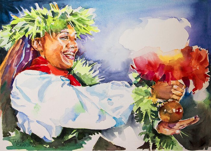 Hula Greeting Card featuring the painting Hau'oli-Happy by Penny Taylor-Beardow