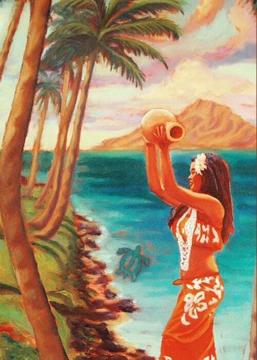 Hula Greeting Card featuring the painting Hawaiian Hula Wahine by Janet McDonald