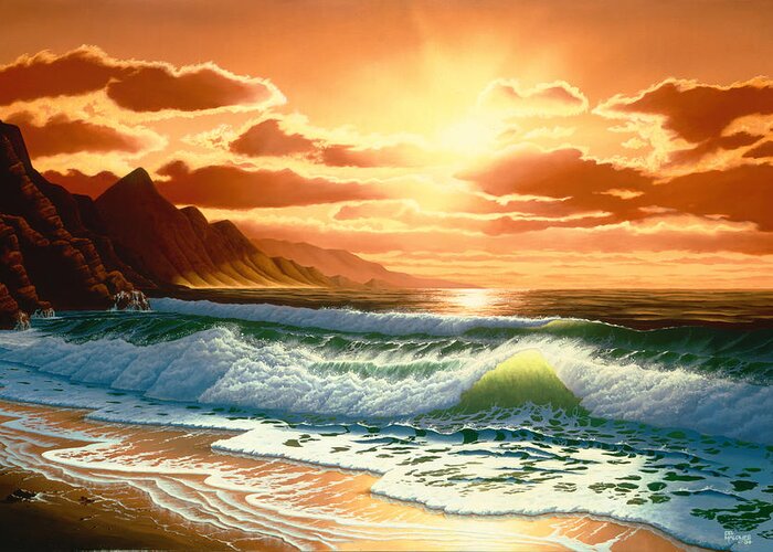 Sea Greeting Card featuring the painting Hawaiian Sunset by Del Malonee